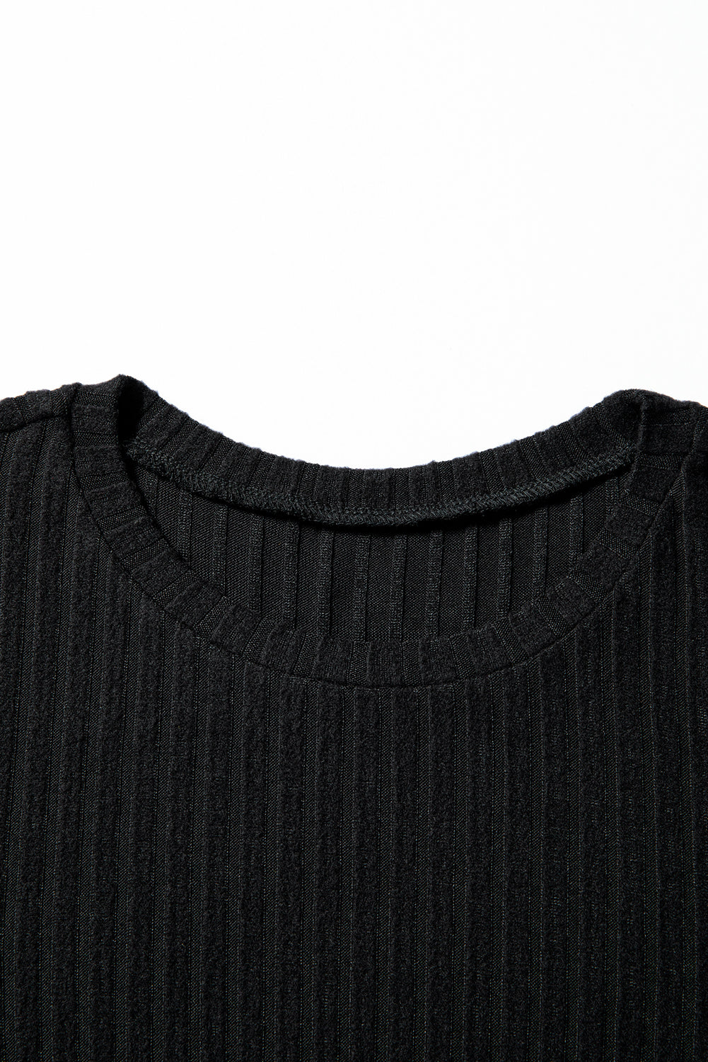 Black Ribbed Texture Round Neck Long Sleeve Rounded Hem Knit Top