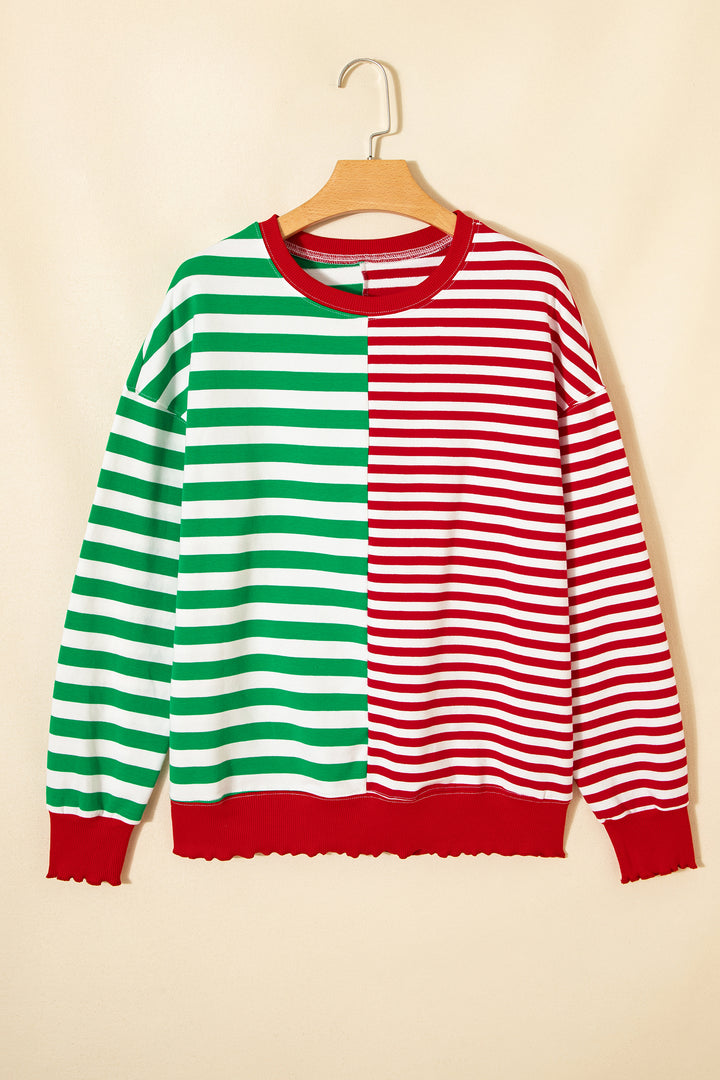 Green Stripe Contrasted Color Block Patchwork Baggy Sweatshirt