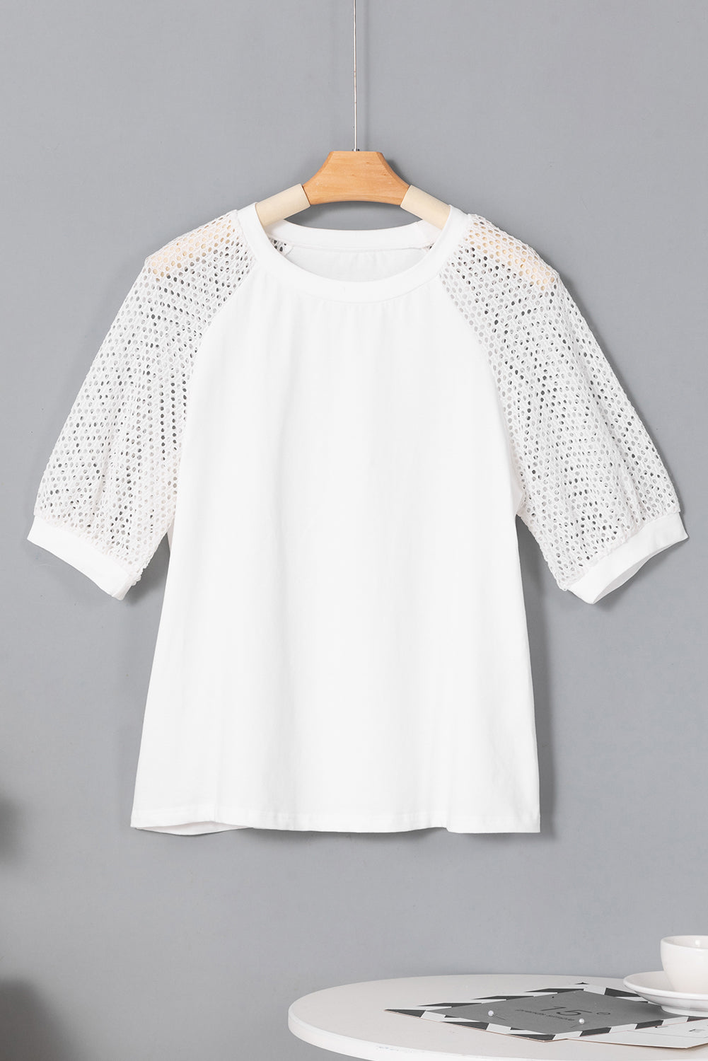 White Pointelle Lace Half Sleeve Crew Neck Tee