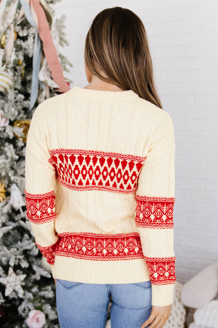 Red Western Print Round Neck Long Sleeve Shift Sweater