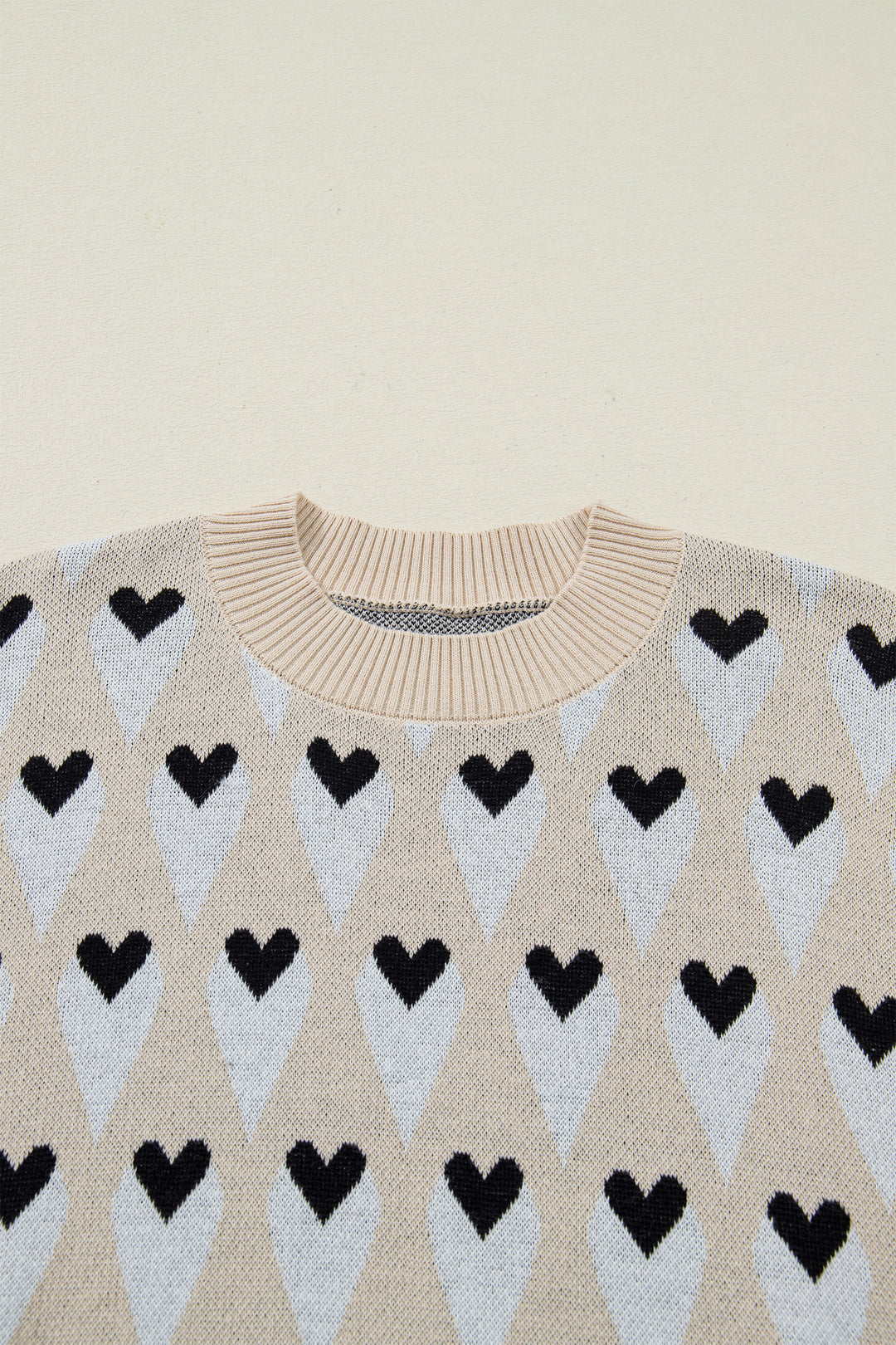 Parchment Geometric Heart Print Ribbed Trim Loose Sweater