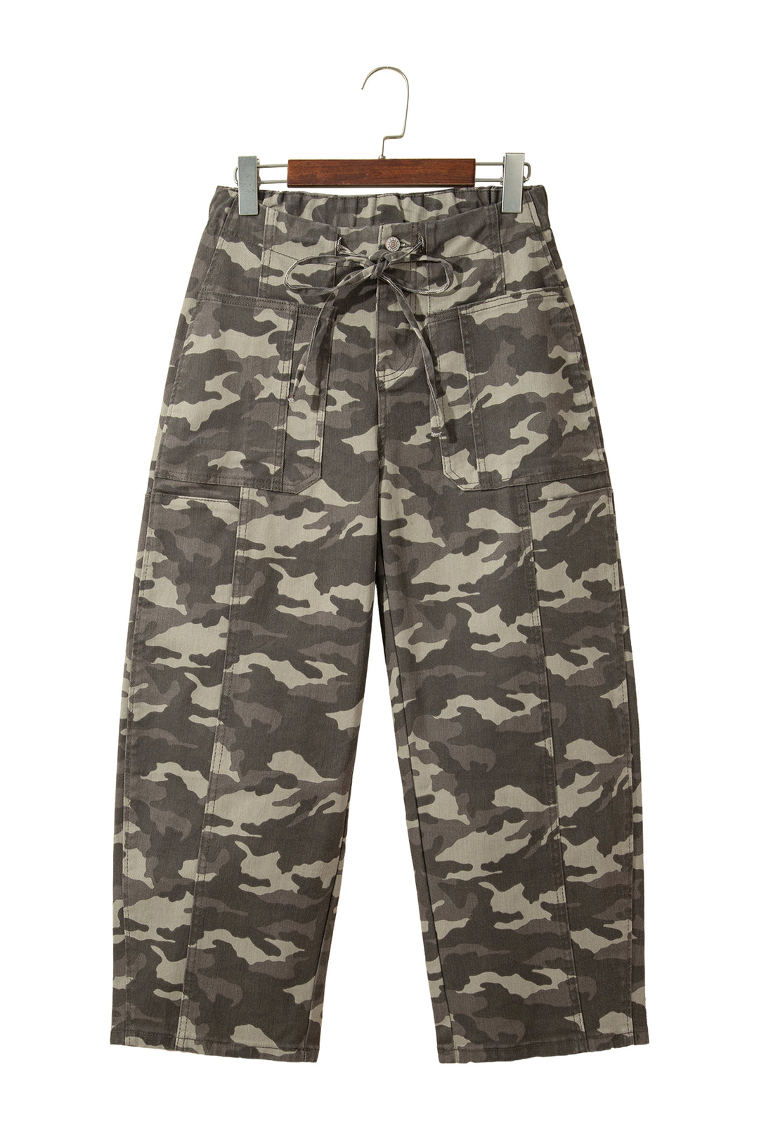 Green Leopard Printed Drawstring Elastic Waistband Pocketed Barrel Jeans