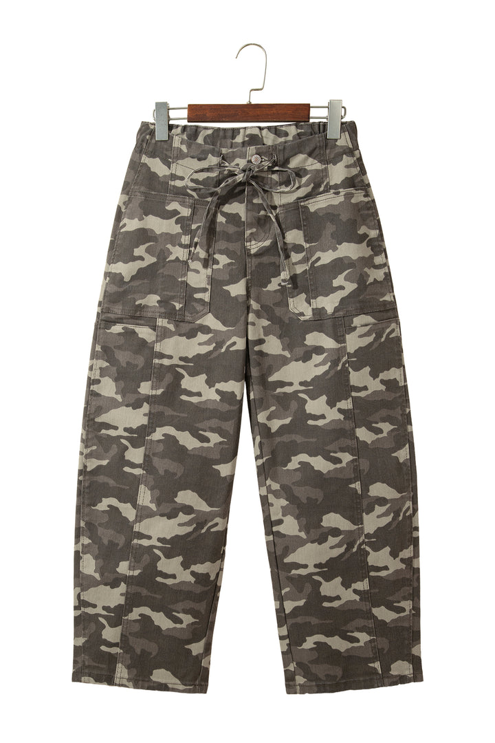 Green Leopard Printed Drawstring Elastic Waistband Pocketed Barrel Jeans