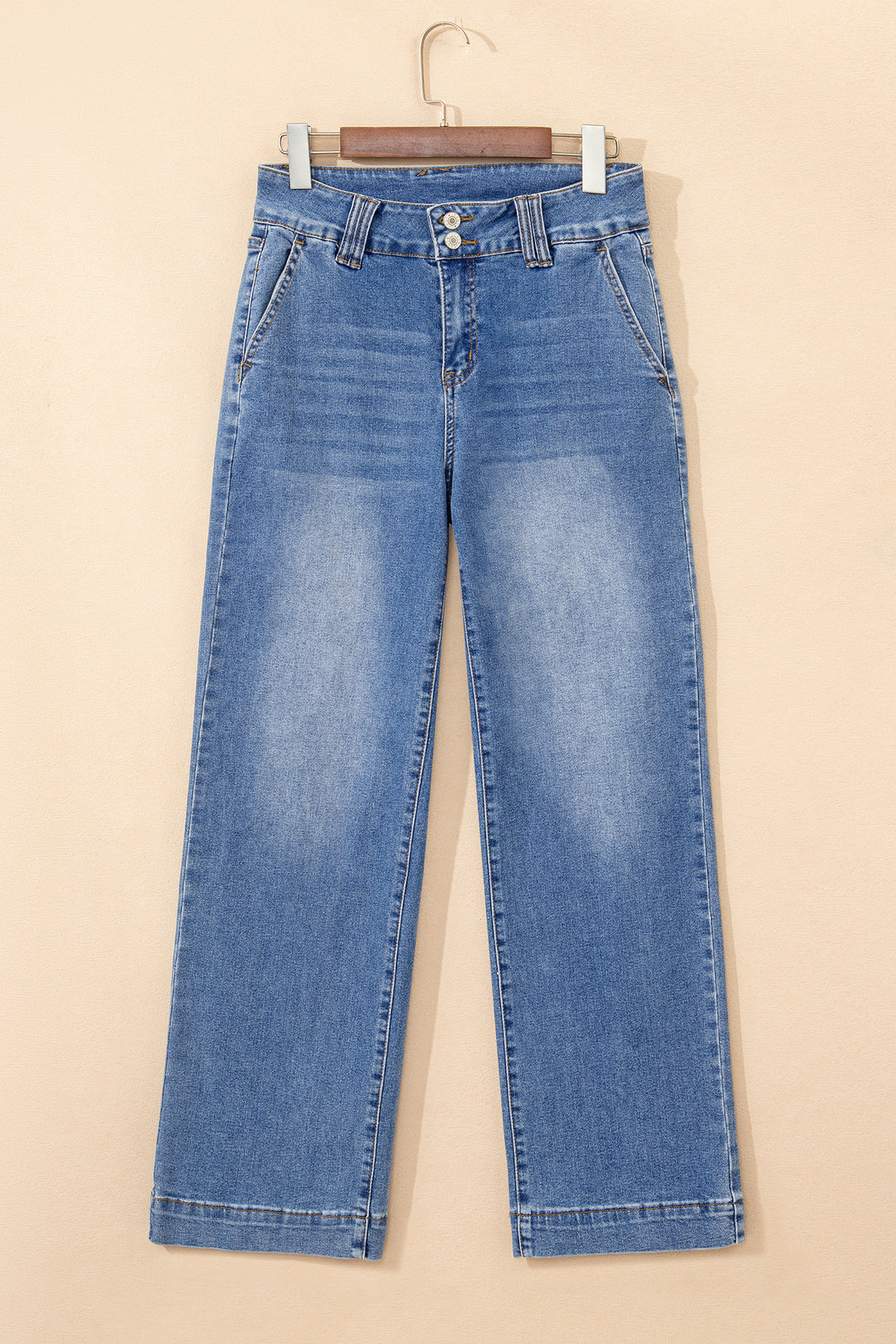Sky Blue Double Button Zip Fly Straight Leg Jeans