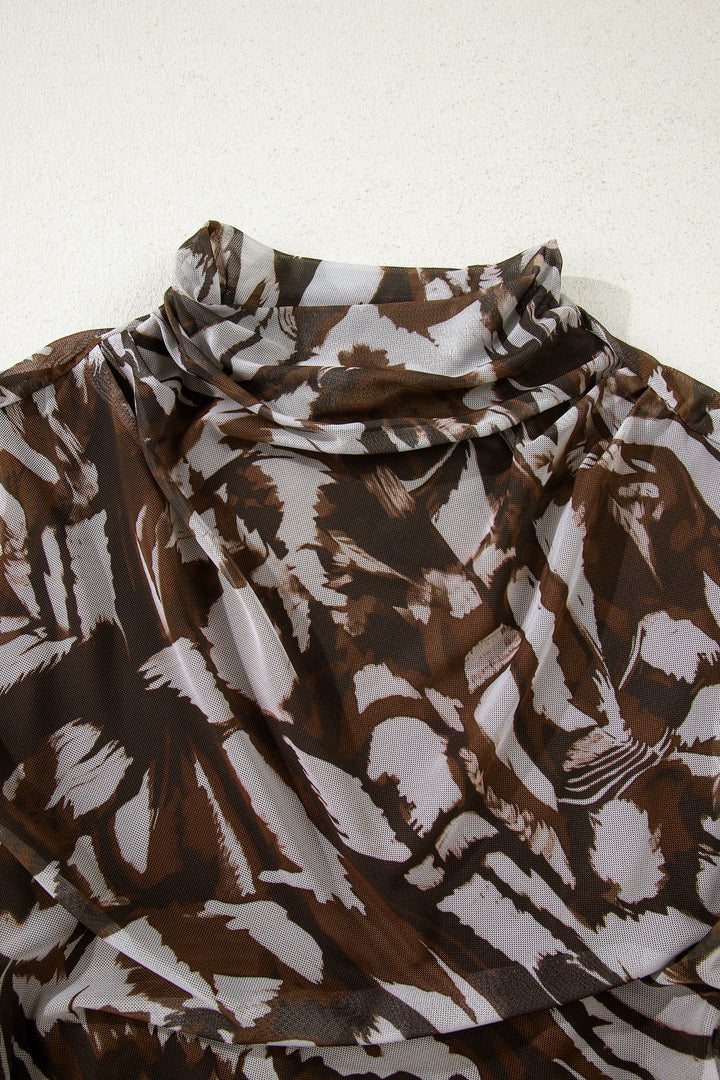 Brown Abstract Print Mesh Cowl Neck Cap Sleeve Ruched Midi Dress with Slit