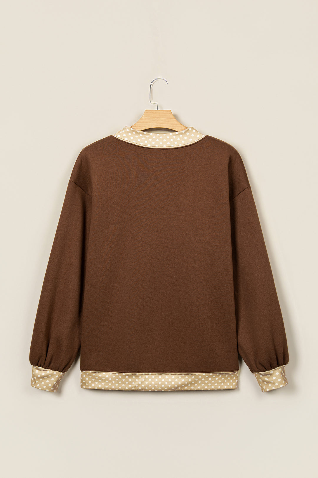 Coffee Polka Dot Trim High Neck BLESSED Letter Graphic Baggy Sweatshirt