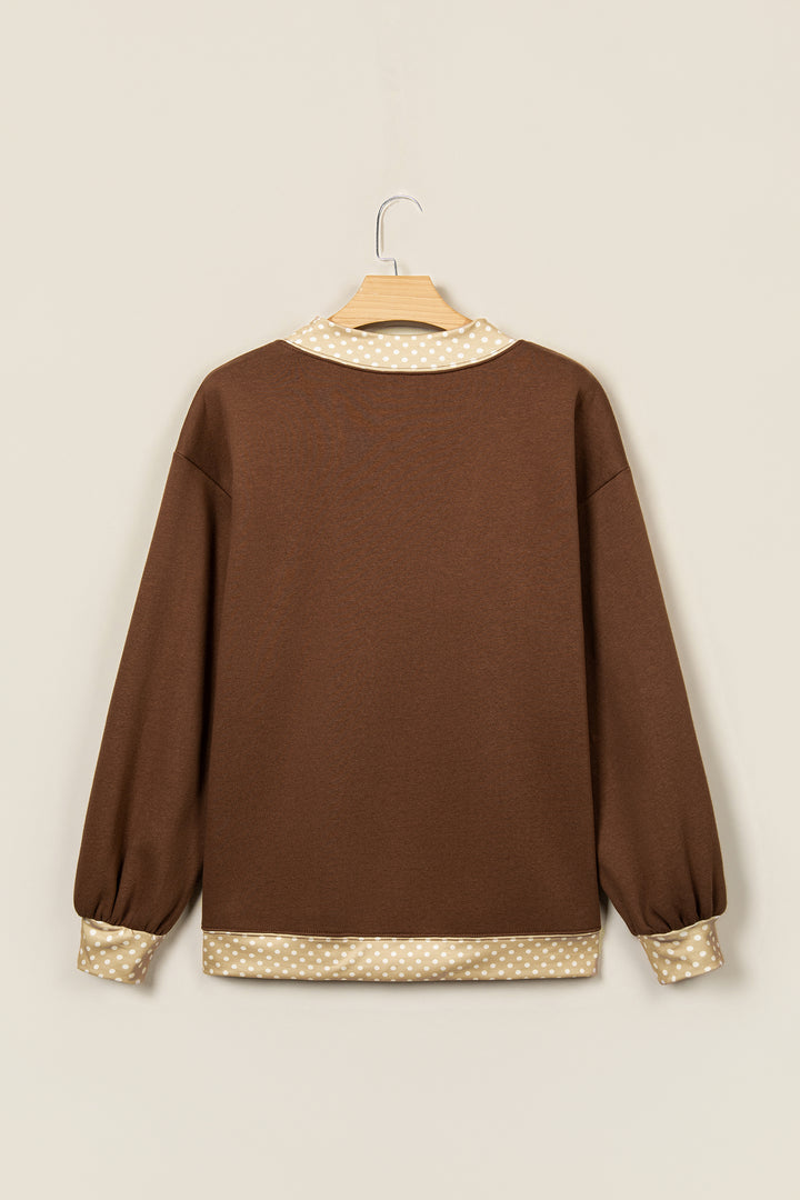 Coffee Polka Dot Trim High Neck BLESSED Letter Graphic Baggy Sweatshirt