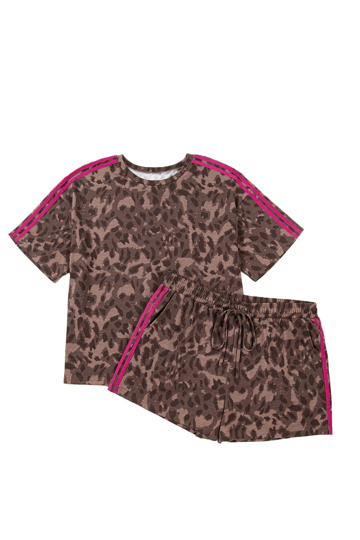 Brown Retro Leopard Print Contrast Varsity Stripe Trim Plus Size 2pcs Short Set