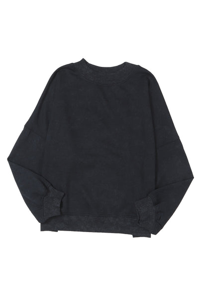 Black Drop Shoulder Crew Neck Pullover Sweatshirt