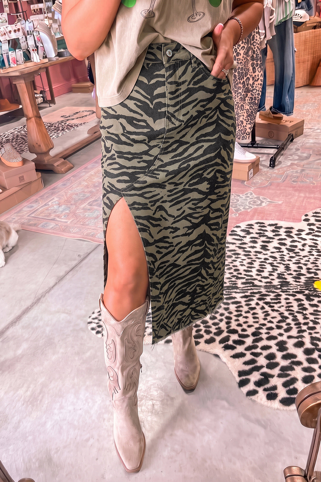Brown Leopard Print Side Split Frayed Hem Denim Midi Skirt