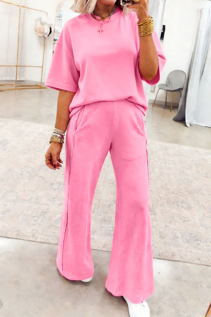 Green Solid Cover Oversize Tee Pocketed Casual Pants 2pcs Outfit