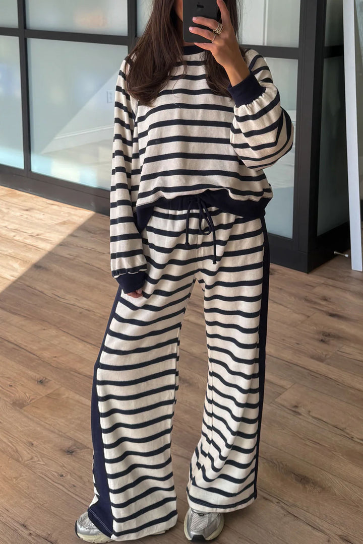 Beige Stripe Relaxed Long Sleeve Top Color Block Detail Drawstring Pant Set
