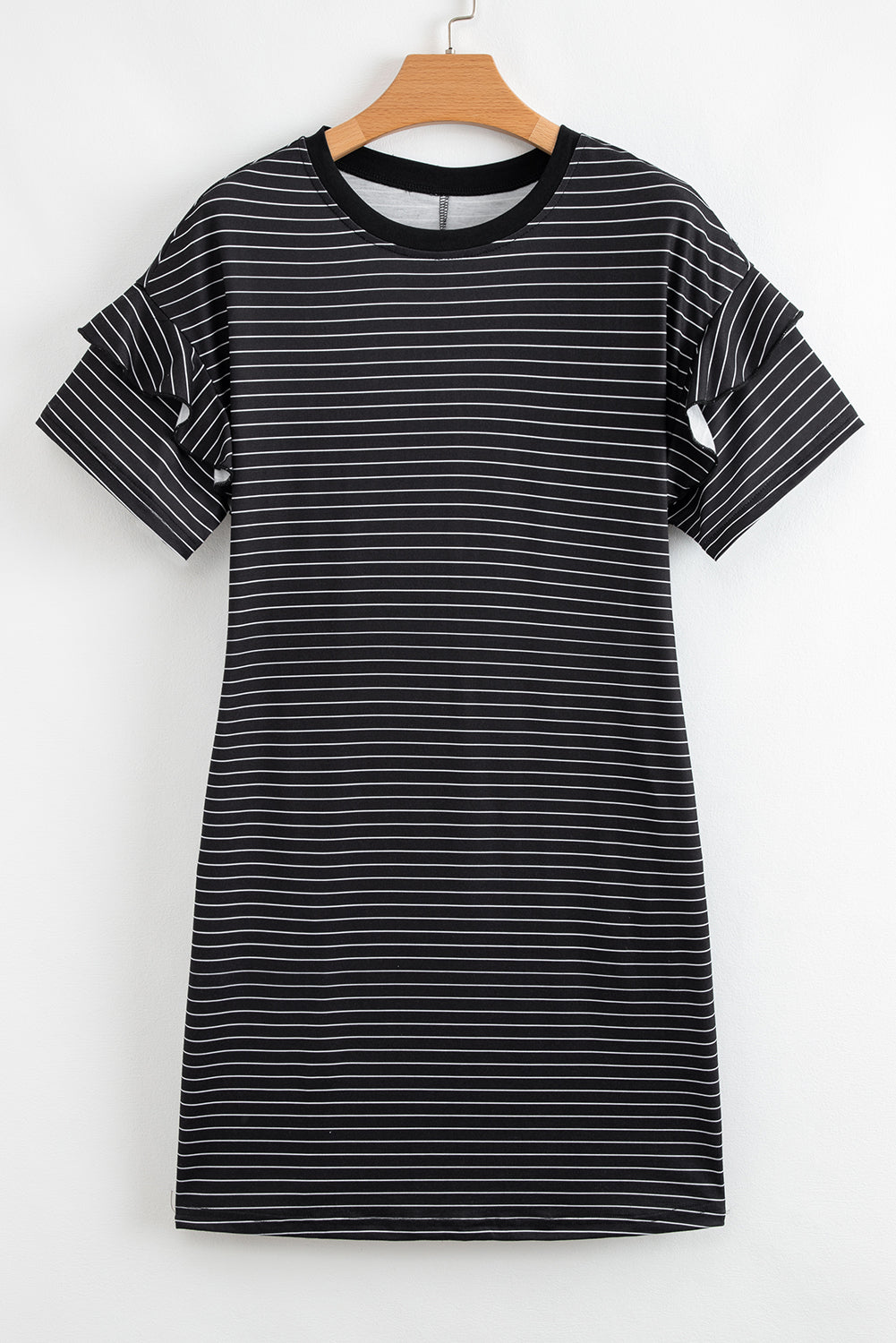 Black Stripe Ruffled Short Sleeve Crew Neck T Shirt Shift Mini Dress