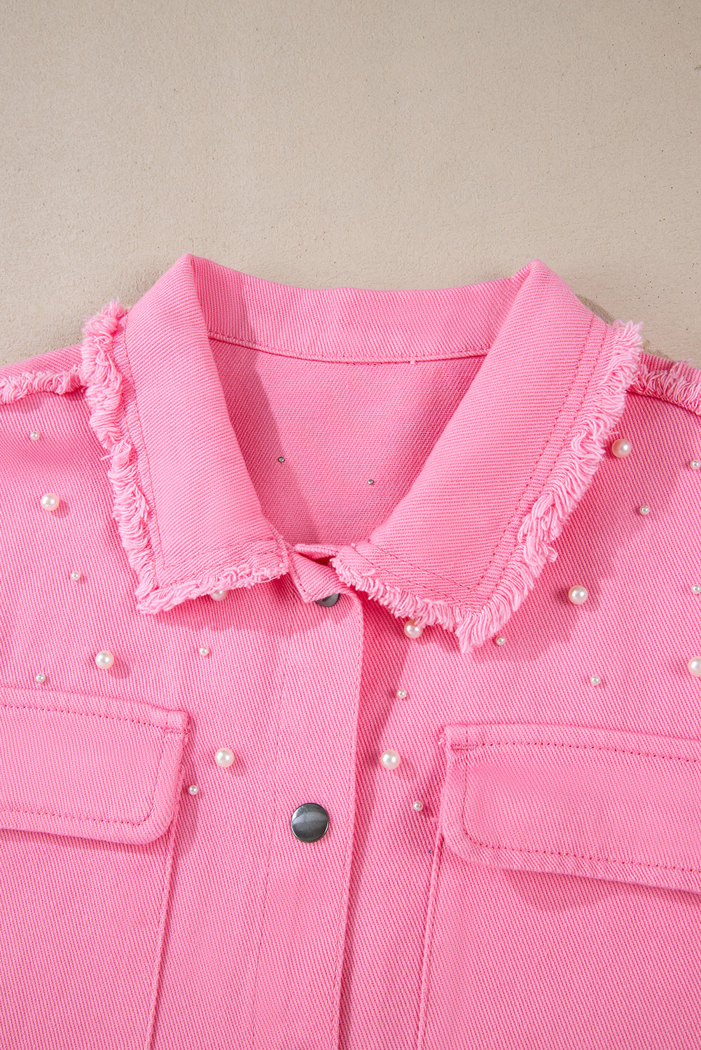 Bonbon Pearl Beaded Raw Hem Button Up Denim Jacket