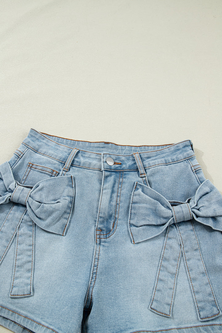 Beau Blue Bow Detail Denim Shorts with Pockets