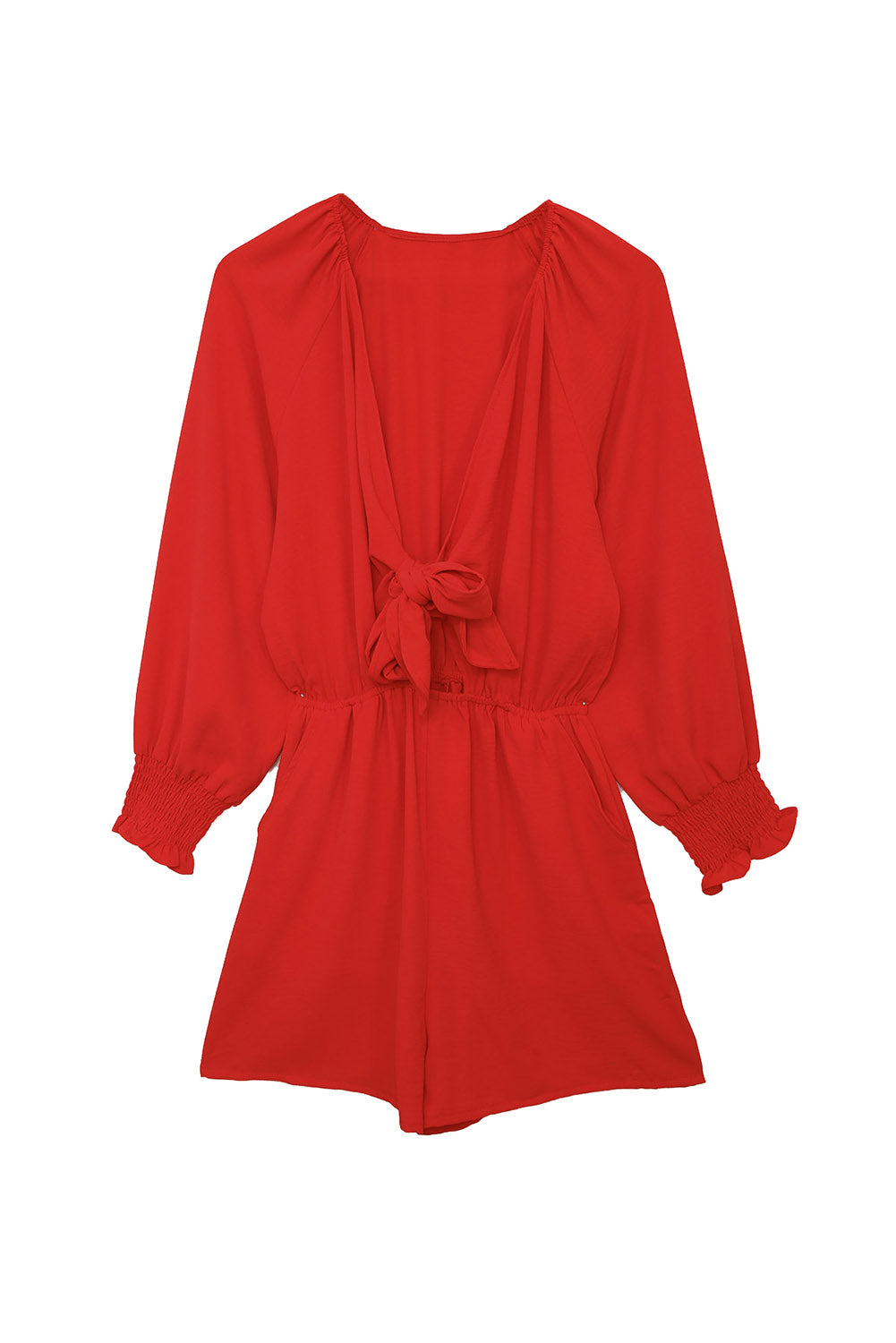 Fiery Red Tie Knot Puff Long Sleeve Romper