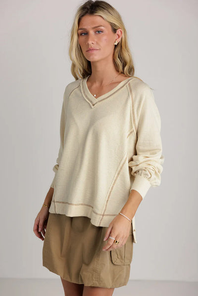 Beige Exposed Seam Textured Knit V Neck Pullover Top