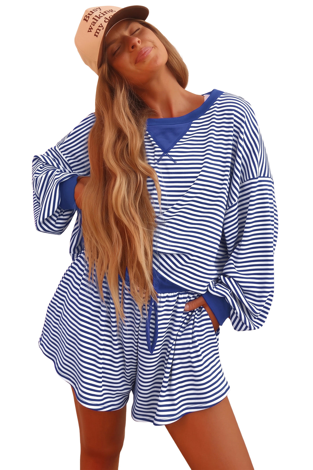 Brown Stripe Oversized Long Sleeve Top Drawstring Loose Shorts 2pcs Set