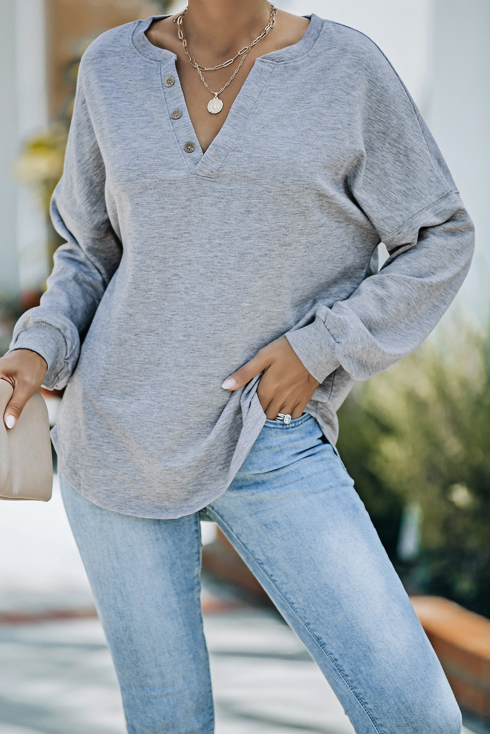 Gray Buttoned V Neck Cotton Loose Fit Top