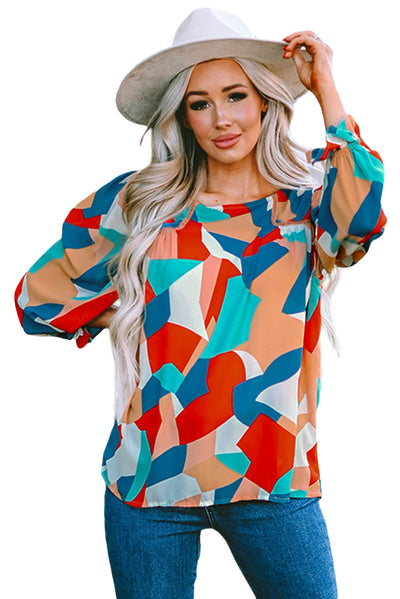 Multicolor Abstract Pattern Crewneck Ruffled Puff Sleeve Blouse