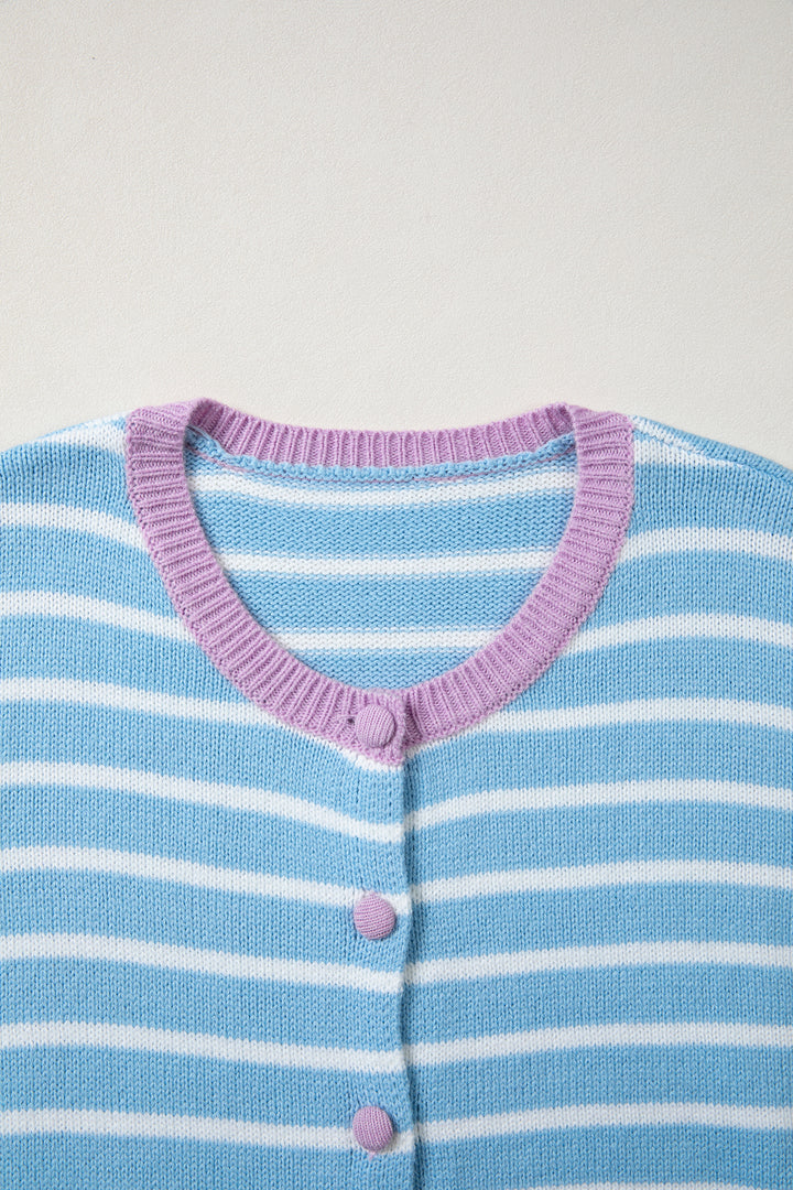 Sky Blue Stripe Contrast Trim Button Down Casual Sweater Cardigan