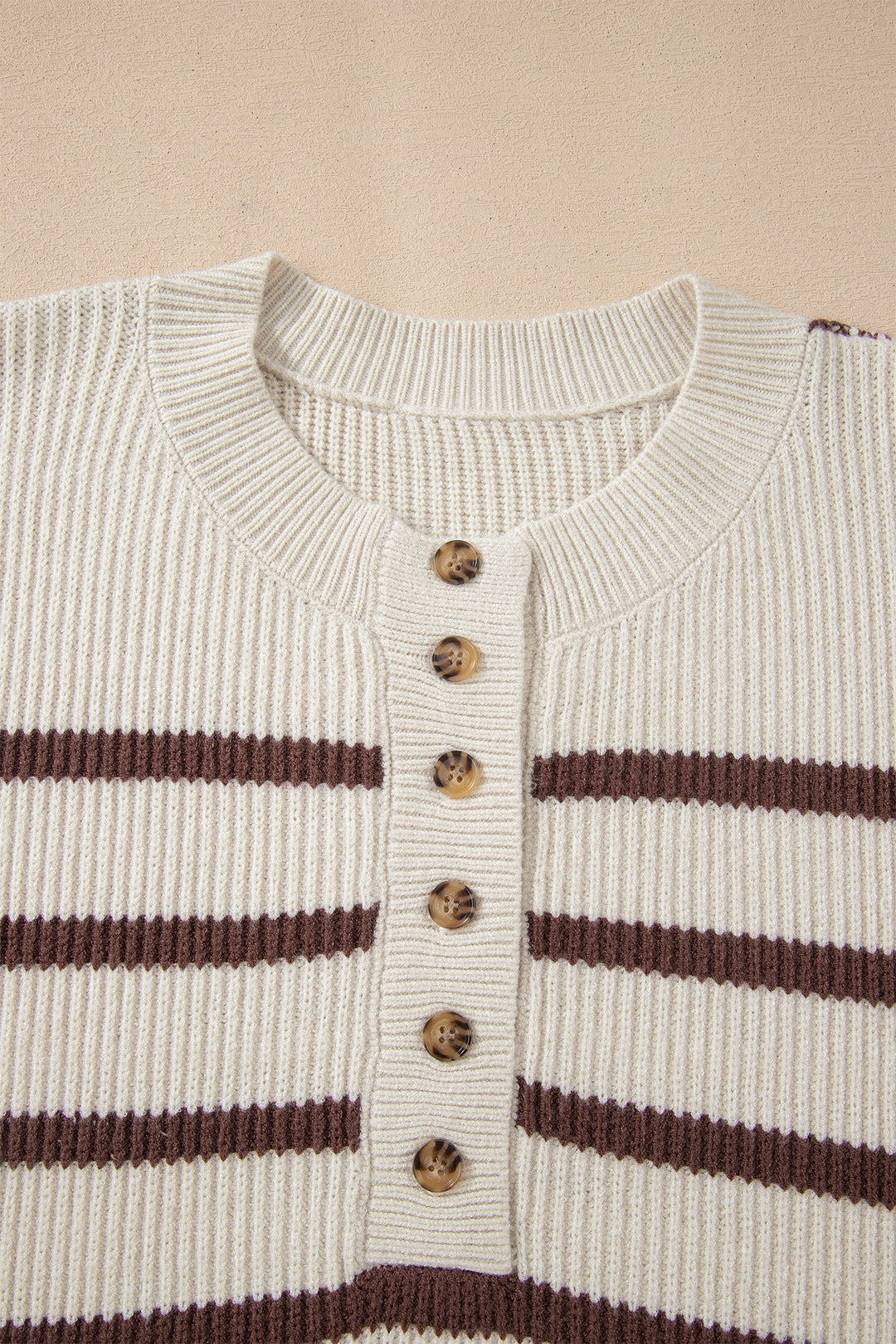 Brown Stripe Ribbed Henley Drop Shoulder Slouchy Sweater