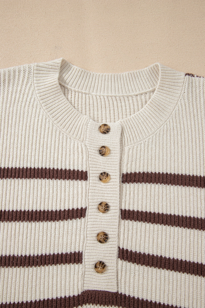 Brown Stripe Ribbed Henley Drop Shoulder Slouchy Sweater