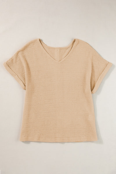 Oatmeal Textured Knit Button Back Cuffed Sleeve Tee