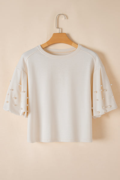 Pearl Detail Round Neck Half Sleeve Blouse