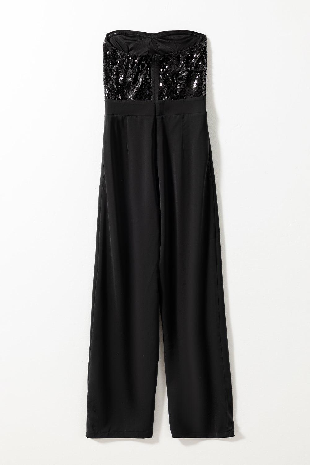 Black sequin tube top jumpsuit flat lay back