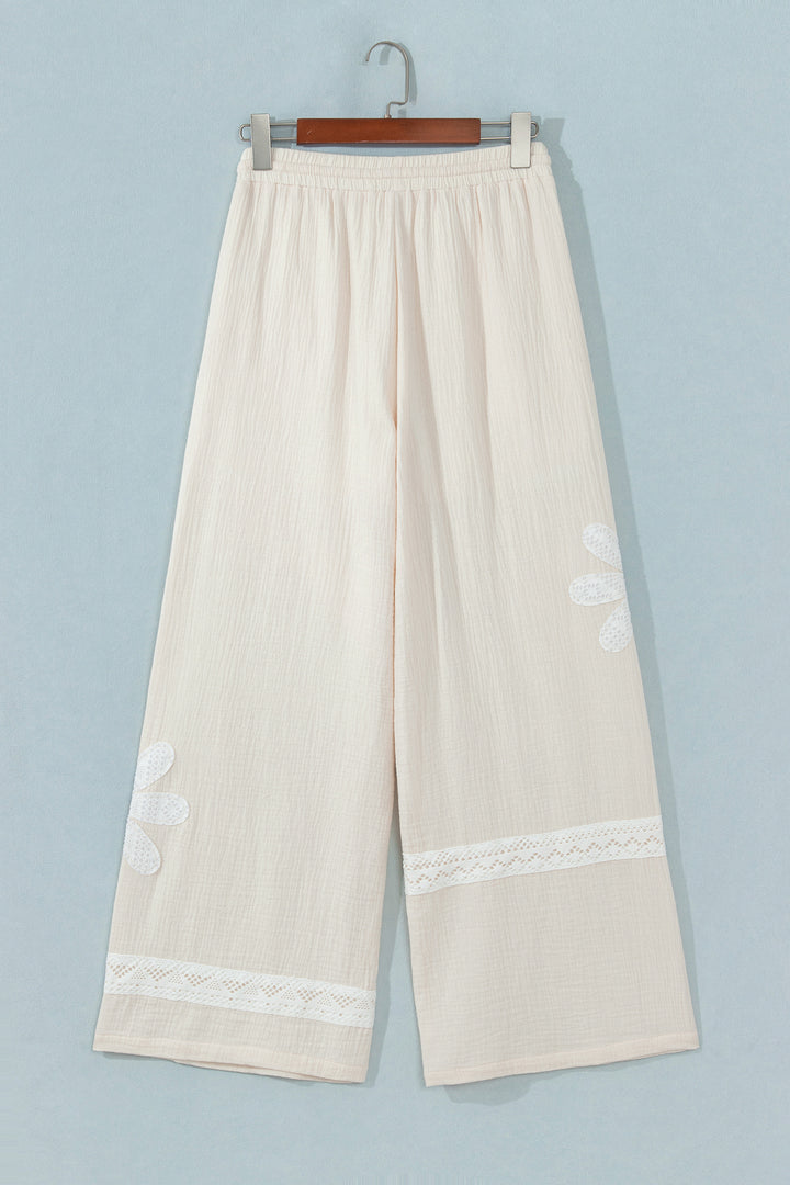 White Floral Lace Patchwork Boho Wide Leg Casual Pants