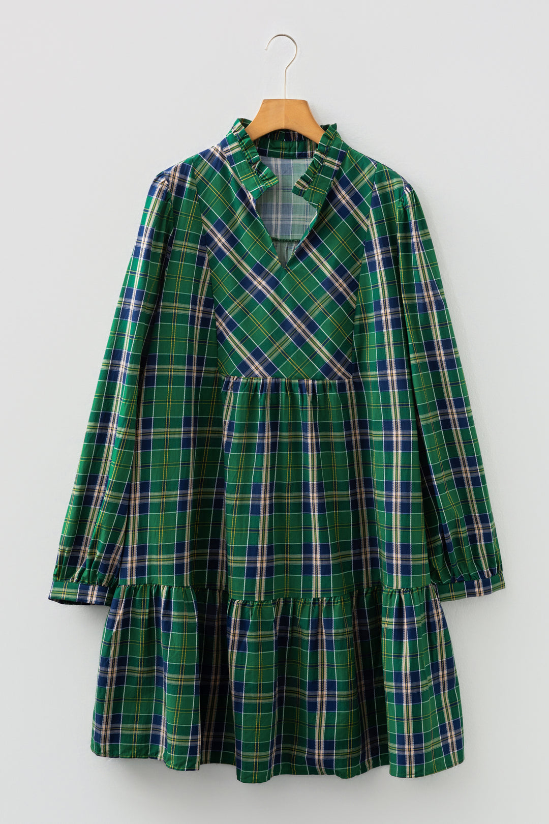 Green Plus Size Plaid Long Sleeve Notched Neck Shift Mini Dress