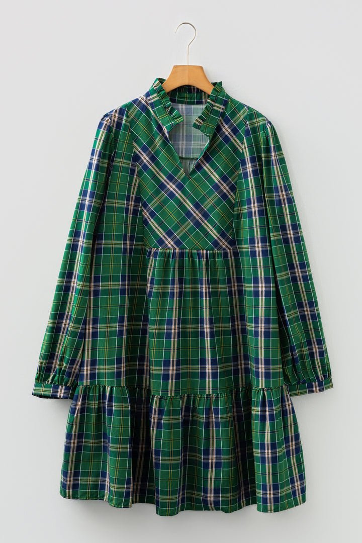 Green Plus Size Plaid Long Sleeve Notched Neck Shift Mini Dress