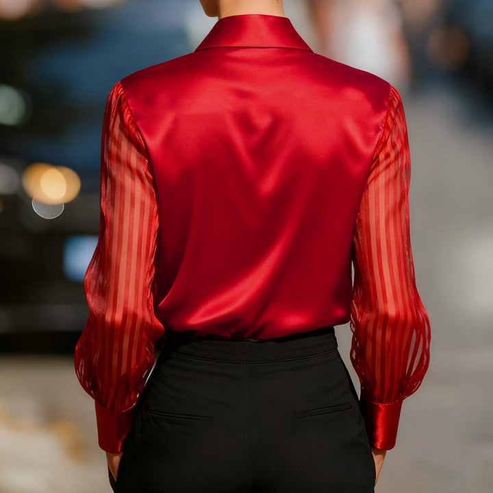 Women’s Satin Lapel Collar Blouse – Sheer Long Sleeve Button-Down Shirt for Office &amp; Spring/Autumn Wear
