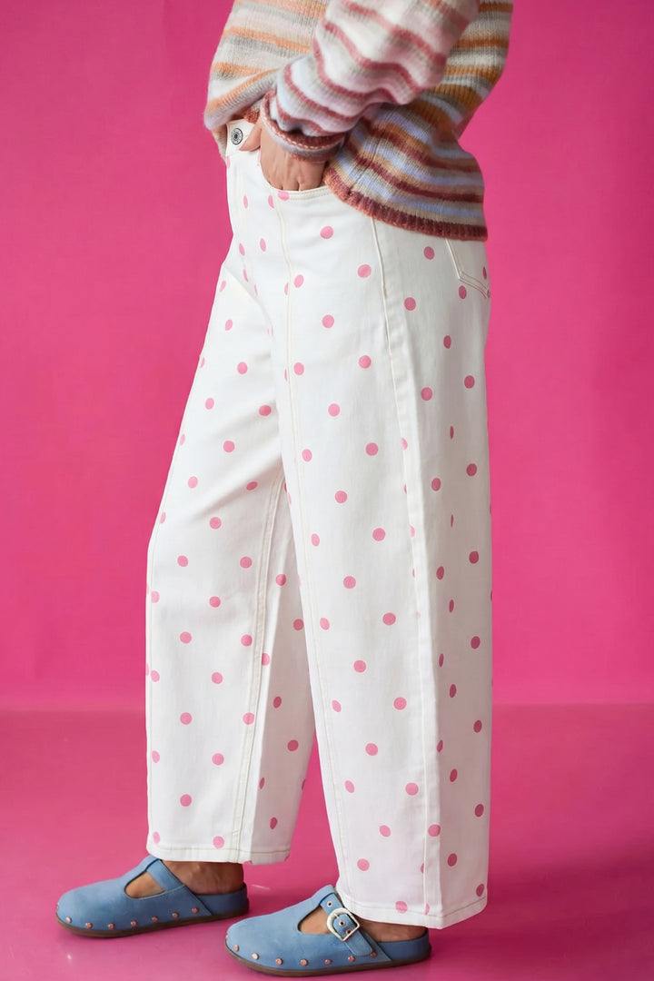 Pink Polka Dot Print Seam Detail Barrel Jeans