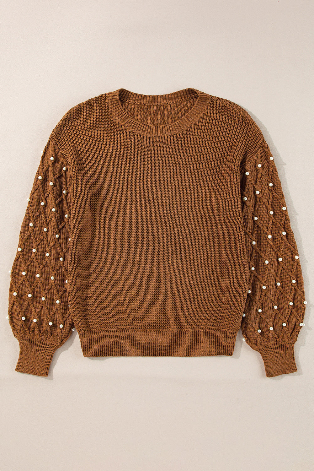 Chestnut Beaded Drop Shoulder Round Neck Sweater