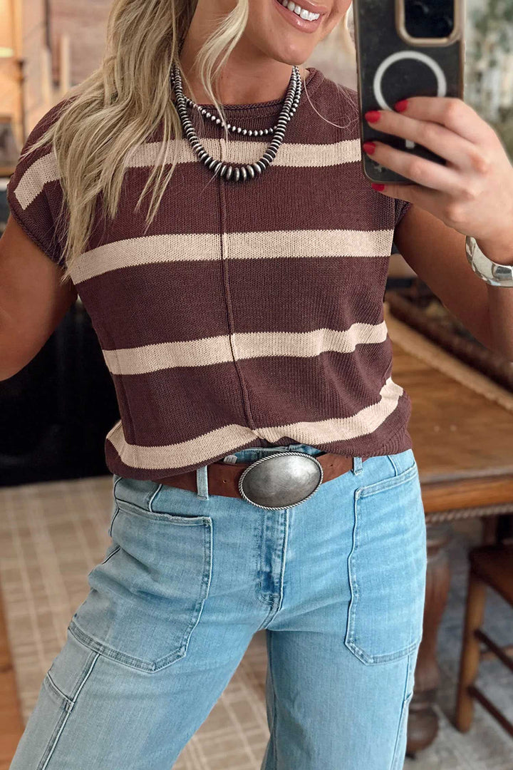 Rose Stripe Knit Western Short Sleeve Sweater