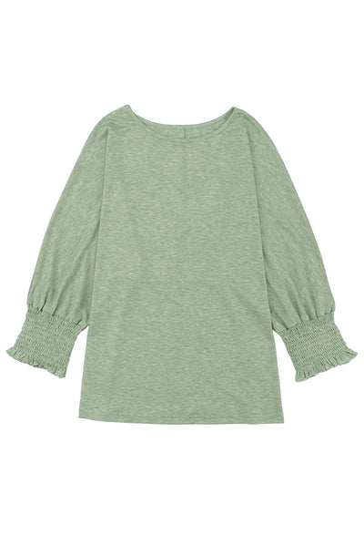 Green Smocked 3/4 Sleeve Casual Loose Top