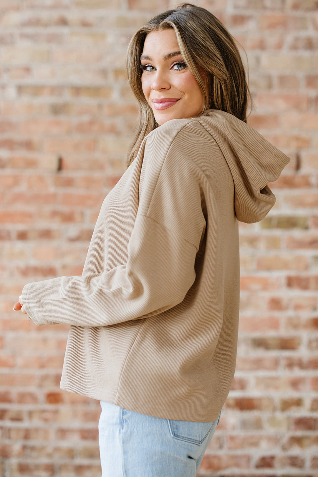 Parchment Thermal Textured Leopard Drawstring Baggy Hoodie