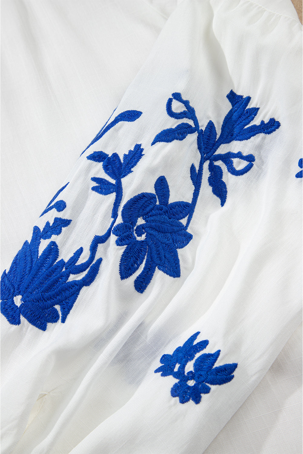 White Floral Embroidered Drawstring V Neck Blouse