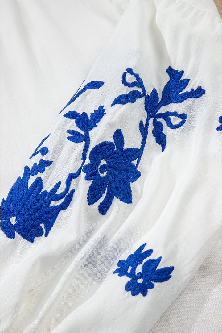 White Floral Embroidered Drawstring V Neck Blouse