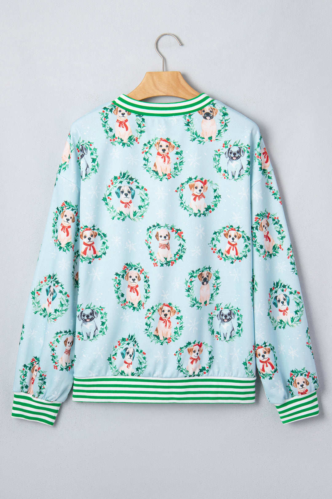 Sky Blue Abstract Dog Print Ribbed Cuff Round Neck Long Sleeve Sweatshirt