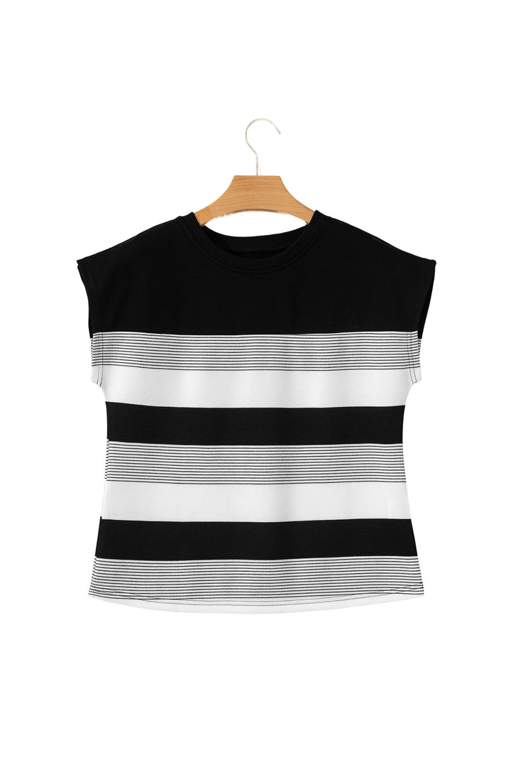 Black Stripe Mixed Print Crew Neck Cap Sleeve T Shirt