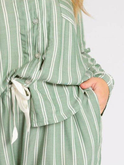 Striped Collared Neck Long Sleeve Top and Shorts Lounge Set