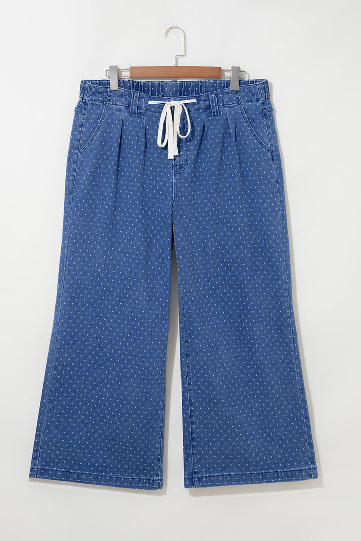 Sky Blue Polka Dot Wide Leg Full Length Shift Silhouette Plus Size Jeans