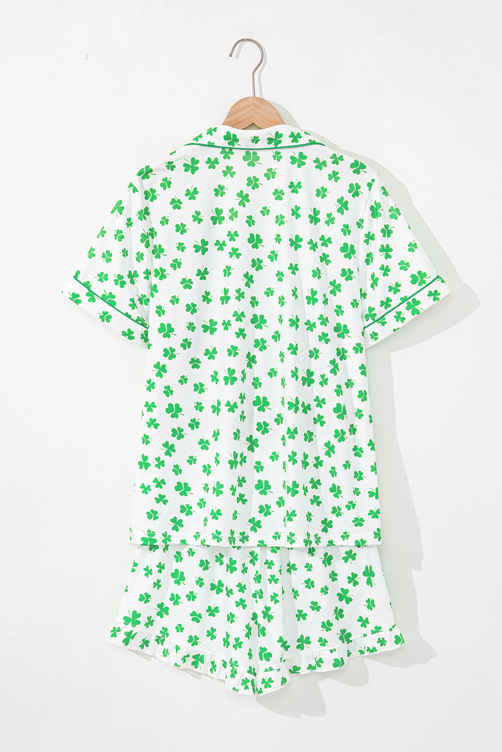 Green Clover Printed Short Sleeve and Ruffled Shorts Pajama Set