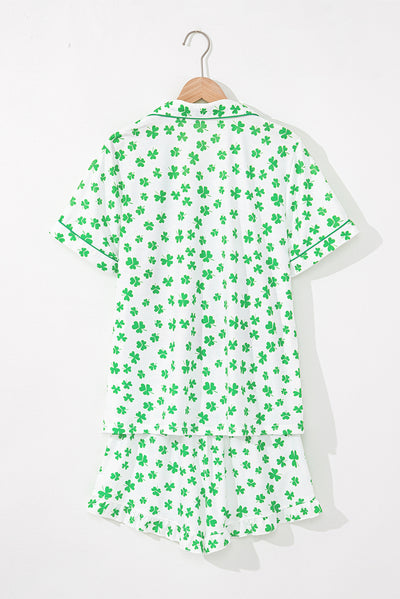 Green Clover Printed Short Sleeve and Ruffled Shorts Pajama Set