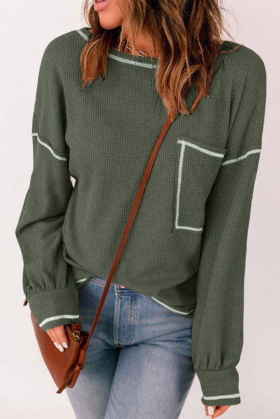 Mist Green Contrast Exposed Stitching Waffle Knit Top