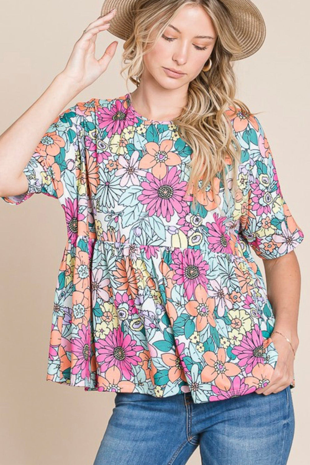 Multicolor Bohemian Flower Print Flowy Short Sleeve Top