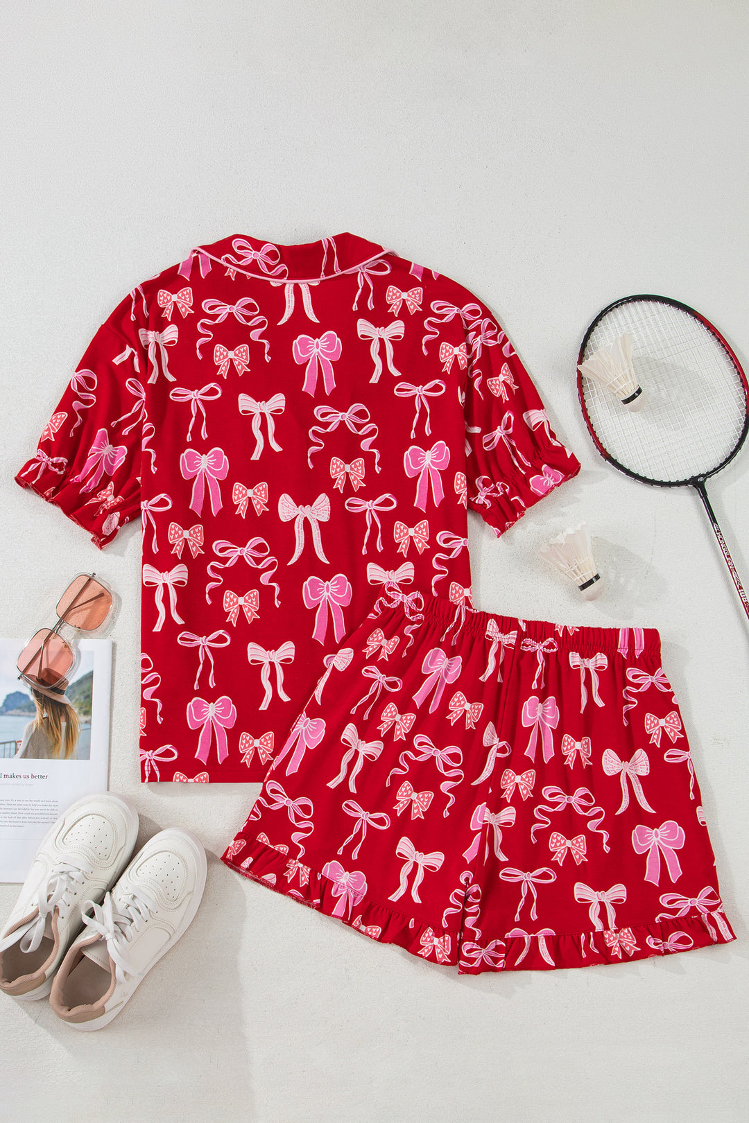Red Sweet Bow Print Ruffled Short Sleeve Shirt Shorts 2pcs Pajama Set